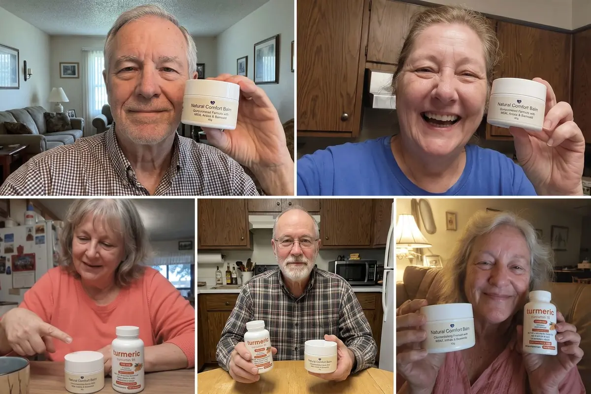 Five customers at home holding the Natural Comfort Balm jar and the turmeric bottle, two men and three women