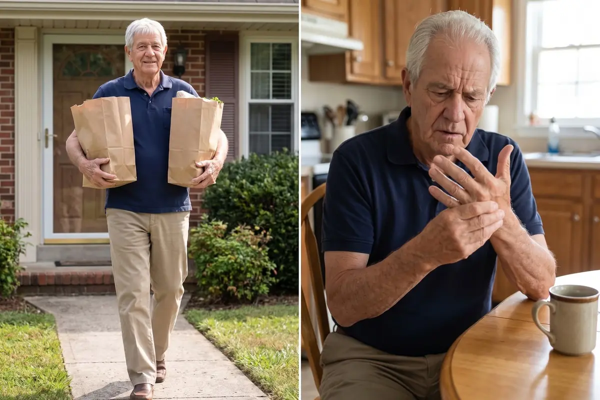 Ray carrying two grocery bags up his front path, then sitting at his kitchen table rubbing the fingers of one hand