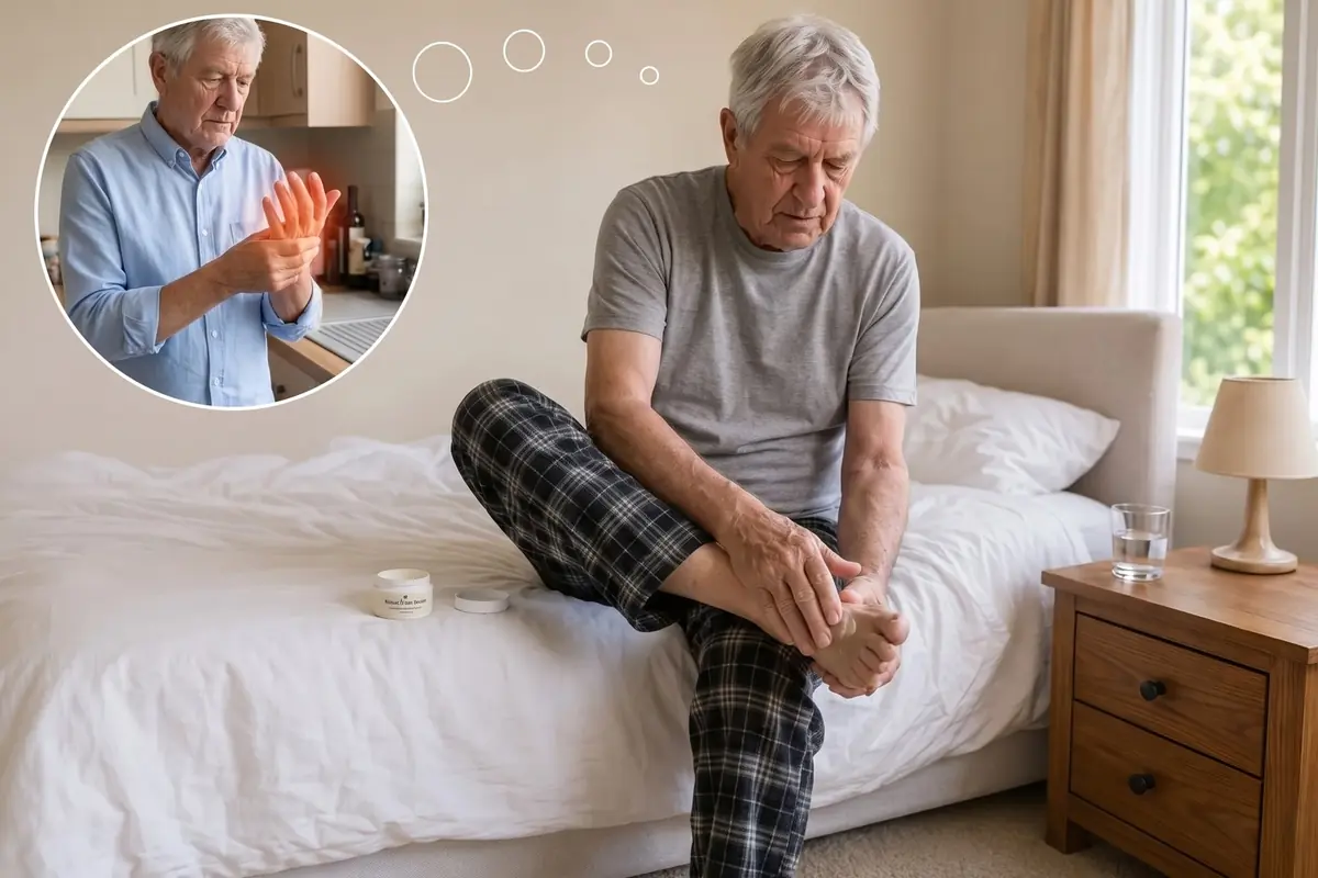 Ray sitting on the edge of his bed rubbing balm into one foot, the open jar beside him, and a thought bubble of him in the kitchen holding his burning hand