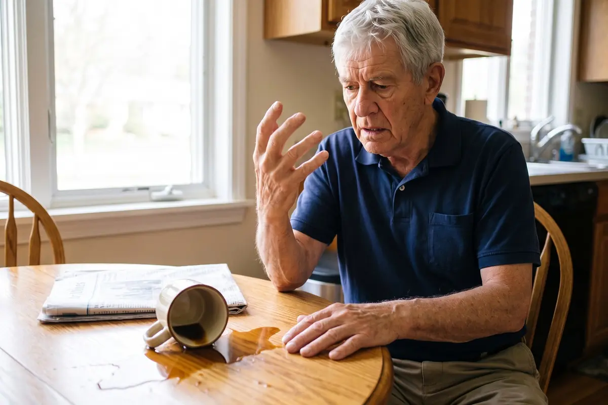 Ray at his kitchen table staring at his open hand, his coffee mug tipped over and the coffee spilled across the table